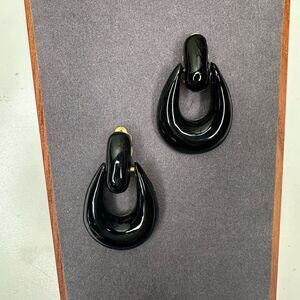 Vintage St. John Black Enamel Clip-On Earrings 80s Gold Tone Designer Jewelry